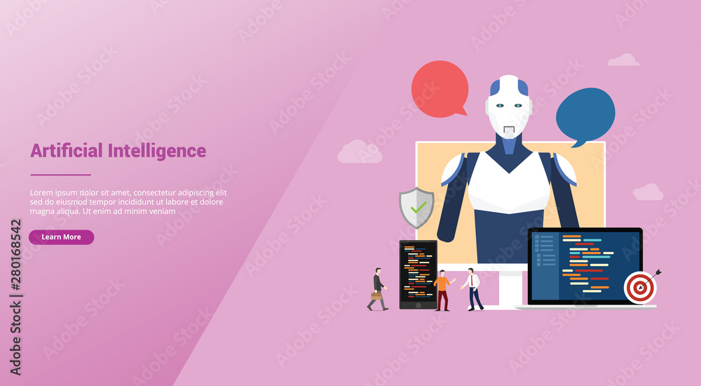 Poster artificial intelligence ai concept with robot and technology development construction for website te