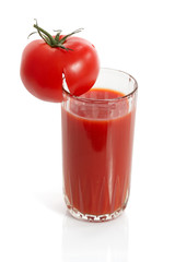 glass of tomato juice and fresh tomatoes isolated on white