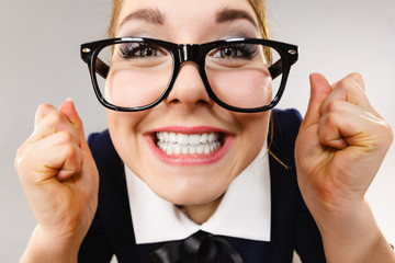 Close up of happy crazy business woman