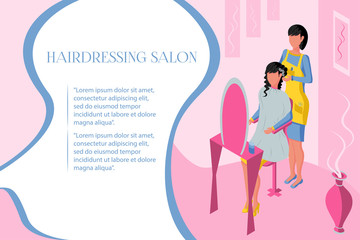 Obraz na płótnie Canvas Isometric beauty salon andIsometric beauty salon and professional hair salon. Interior with pink background. Hairdresser curls hair for a beautiful stylish hairstyle client. Vector illustration
