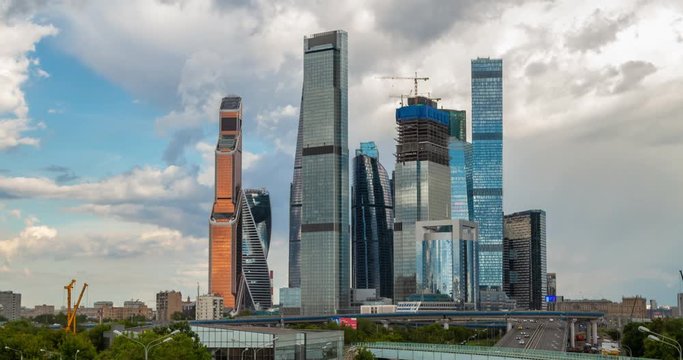 Moscow city, Russia. Construction Moscow City. Clouds over the city. Time laps RAW 4K