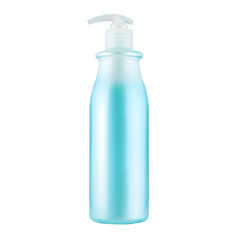 One cosmetic bottle with turquoise liquid close up isolated on white background