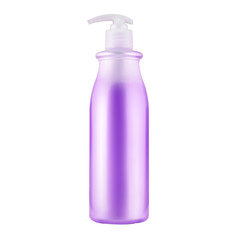 One cosmetic bottle with violet liquid close up isolated on white background