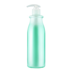 One cosmetic bottle with green liquid close up isolated on white background