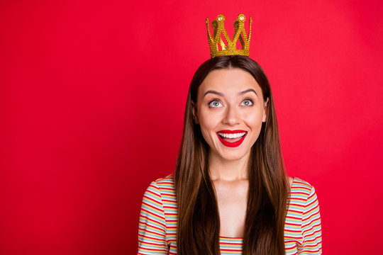 Close-up photo portrait of luxurious chic classy lovely girlfriend getting small shiny crown from her boyfriend isolated bright background