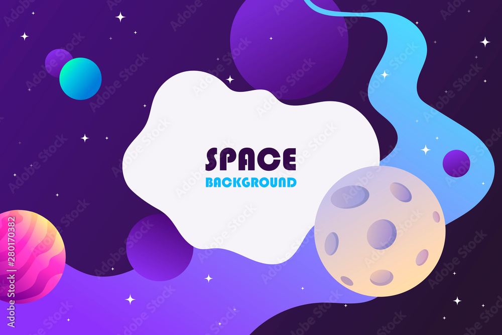 Wall mural horizontal space background with abstract shape and planets. colorful cartoon design. vector illustr