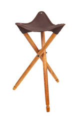 Folding wooden hunting stool tripod isolate on white background. Three-legged camping chair, Made...
