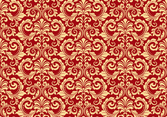 Wallpaper in the style of Baroque. Seamless vector background. Red and gold floral ornament. Graphic pattern for fabric, wallpaper, packaging. Ornate Damask flower ornament