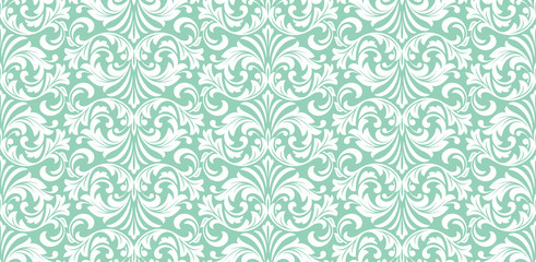 Floral pattern. Vintage wallpaper in the Baroque style. Seamless vector background. White and green ornament for fabric, wallpaper, packaging. Ornate Damask flower ornament