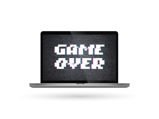 Isolated vector laptop with game over text on the screen. Glitch effect