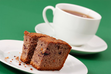 chocolate cake with cup of tea