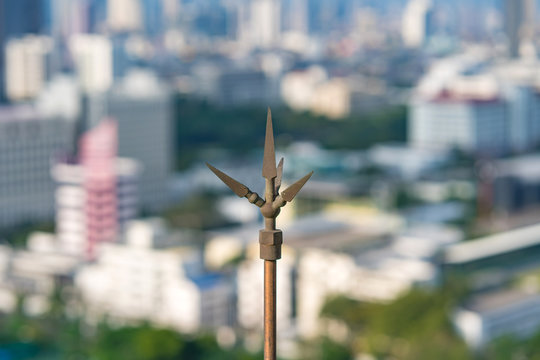 Lightning rod or lightning conductor on the roof of building for protection high voltage from thunder