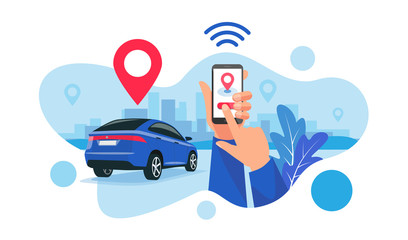 Vector illustration of autonomous wireless remote connected car sharing service controlled via smartphone app. Hands holding phone with location mark of smart electric car in the modern city skyline.