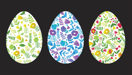 Floral bright eggs silhouettes kit, small spring, easter elements set white isolated