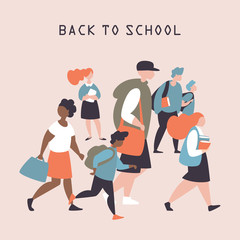 A group of students of different ages and multi-ethnic groups goes to school. Vector illustration with school education concept for posters, brochures, postcards