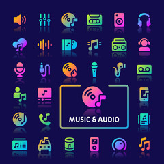 Music & Audio Gradient Vector Icon Set.