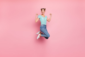 Full length body size view of her she nice lovely adorable feminine girlish charming slender thin funny funky playful cheerful cheery girl having fun isolated over pink pastel background