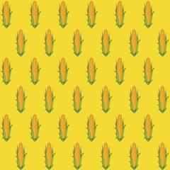 Vector seamless pattern with corn cobs with corn grains and green leaves in retro style on yellow background. Repeatable illustrations of the ripe corn on the cob.