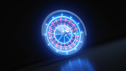 Roulette Wheel Concept Design. Online Casino Gambling Roulette 3D Realistic With Neon Lights - 3D Illustration