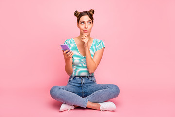 Portrait of her she nice lovely pretty winsome creative charming cute cheerful cheery girl sitting...