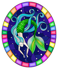 Illustration in stained glass style with mermaid with long  hair on water and air bubbles background, oval image in bright frame