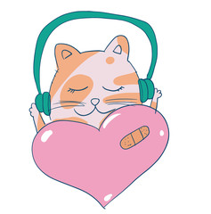 Cute cartoon cat listening music vector illustration