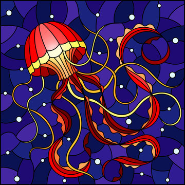 Illustration in stained glass style with abstract red  jellyfish against a blue sea and bubbles, square image