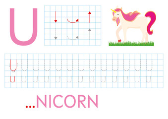 Worksheet for kids with letter “U”. For study English alphabet. Education page for kindergarten. Developing children skills for writing and reading.