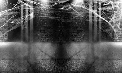 Halloween background. Background of old brick wall, cobweb, smoke, concrete floor