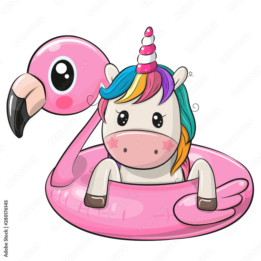 Sticker cartoon unicorn swimming on pool ring inflatable flamingo