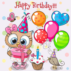 Fototapeta premium Cute Owl and little bird with balloon and bonnets