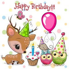 Naklejka premium Deer and owls with balloon and bonnets