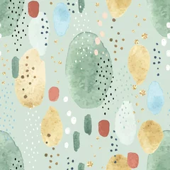 Behang Kleurrijk Naadloze abstracte patroon met kleurrijke aquarel vlekken, stippen en gouden cirkels. Vectorillustratie op groene achtergrond.