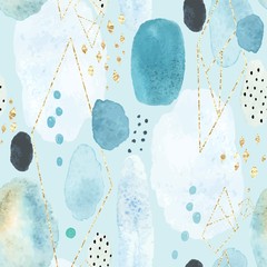 Seamless abstract pattern with colorful watercolor spots and decorative elements of golden texture. Vector handmade illustration on turquoise background. 