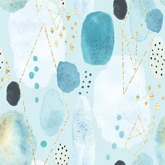 Wallpaper murals Turquoise Seamless abstract pattern with colorful watercolor spots and decorative elements of golden texture. Vector handmade illustration on turquoise background. 