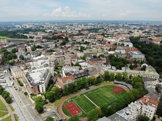 Fototapeta Aerial photo from drone. The culture and historical capital of Poland. Comfortable and beautiful Krakow. The land of Legend. Stadium obraz