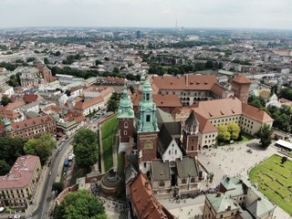 Aerial photo from drone. The culture and historical capital of Poland. Comfortable and beautiful Krakow. The land of Legend. The Wawel Castle.