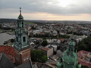 Obraz premium Aerial photo from drone. The culture and historical capital of Poland. Comfortable and beautiful Krakow. The land of Legend. The Wawel Castle.