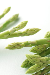 白い背景に置いたグリーンアスパラガスの集合イメージ写真