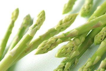 白い背景に置いたグリーンアスパラガスの集合イメージ写真