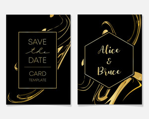 Wedding Invitation card design with golden frames and marble texture. Luxury marble with gold geometric frame design template.
