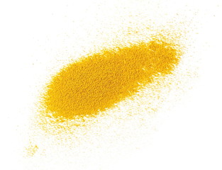 Turmeric powder isolated on white background, top view