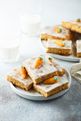 Homemade carrot cake with marzipan and sugar glaze