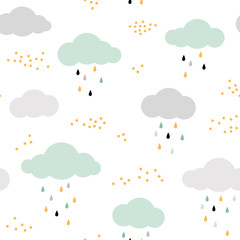 Cute seamless pattern with clouds, rain drops and dots. Vector background in mint, yellow, gray and black. 