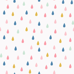 Vector pattern with rain drops. Seamless cute background in mint, mustard yellow and pink. Abstract.