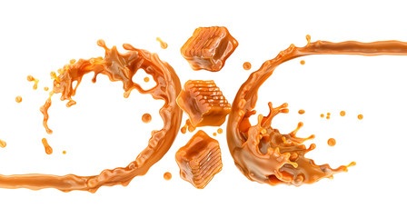 Liquid sweet melted caramel, caramel sauce or boiled condensed milk swirl 3D splash with toffees candies. Yummy sweet caramel fudge toffee candies and yummy sauce. Advertising design element isolated - obrazy, fototapety, plakaty