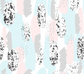 Abstract vector pattern with hand painted brush strokes and texture. Memphis style geometric seamless background in pastel color. Fashion print design in pink, blue, gray and black.