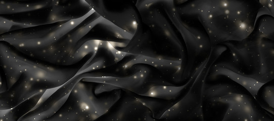 Magic holiday black silk flatlay background texture with golden shine, luxury glamour abstract...