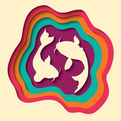 Paper cut out background with 3d effect, two koi fish carving art