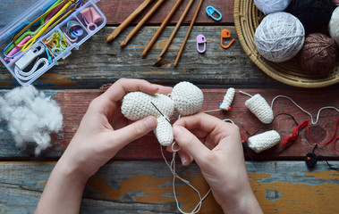 Making crochet white dog. Toy for babies or trinket.  On the table threads, needles, hook, cotton...
